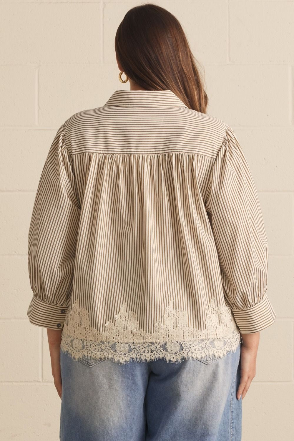 Striped Lace Detail 3/4 Puff Sleeve Top