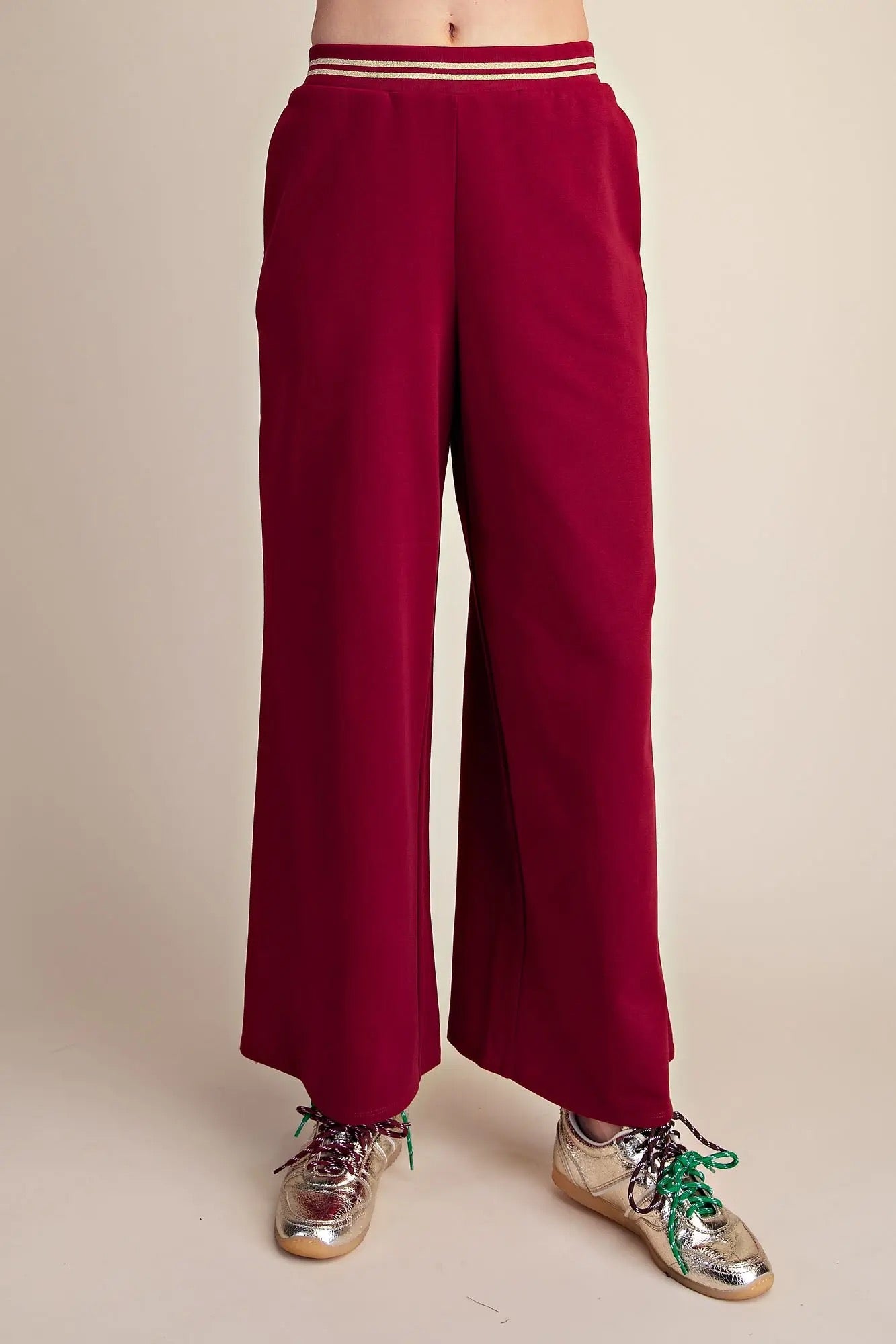 Burgundy Wide Leg Everyday Sweatpants with Gold Trim