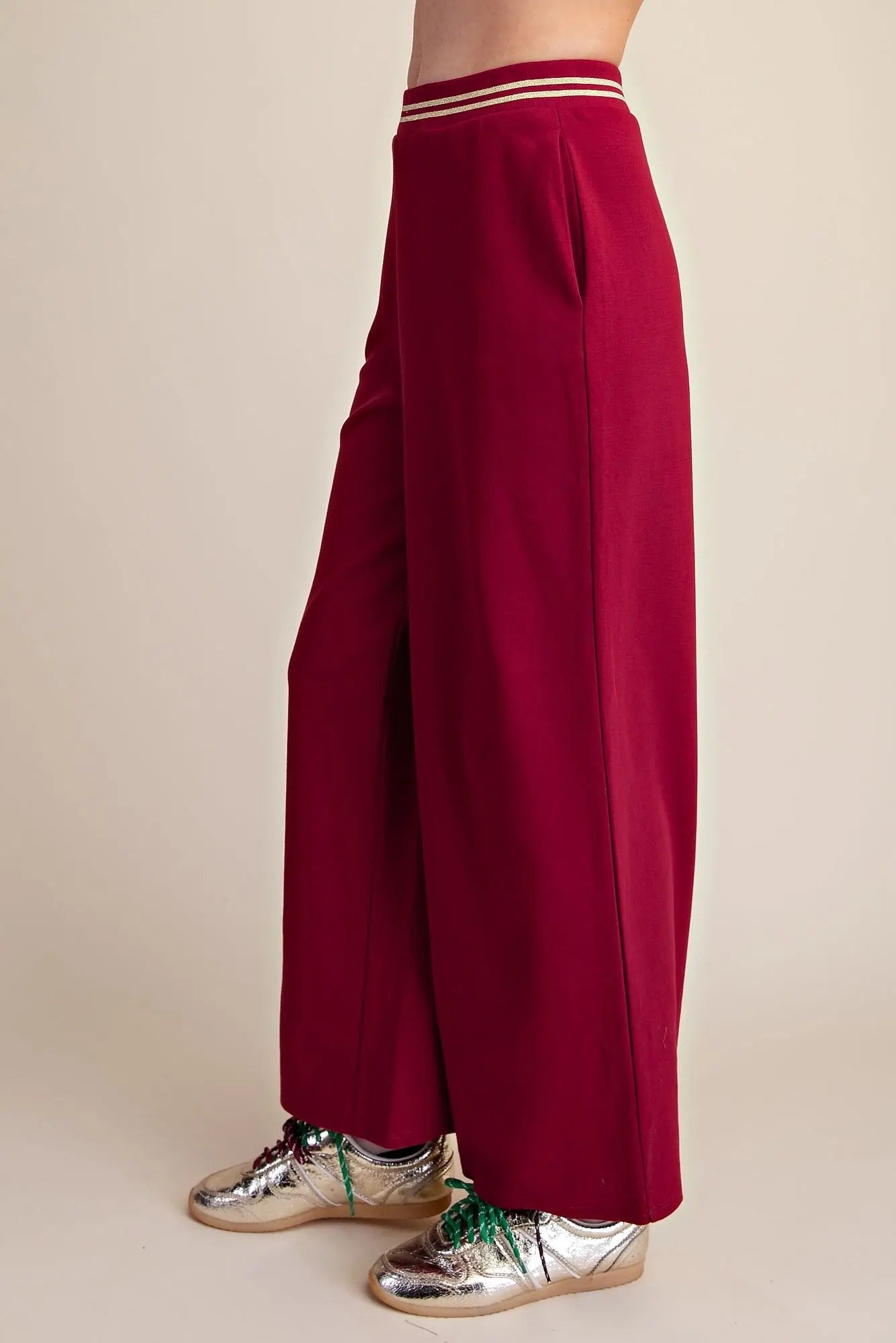 Burgundy Wide Leg Everyday Sweatpants with Gold Trim