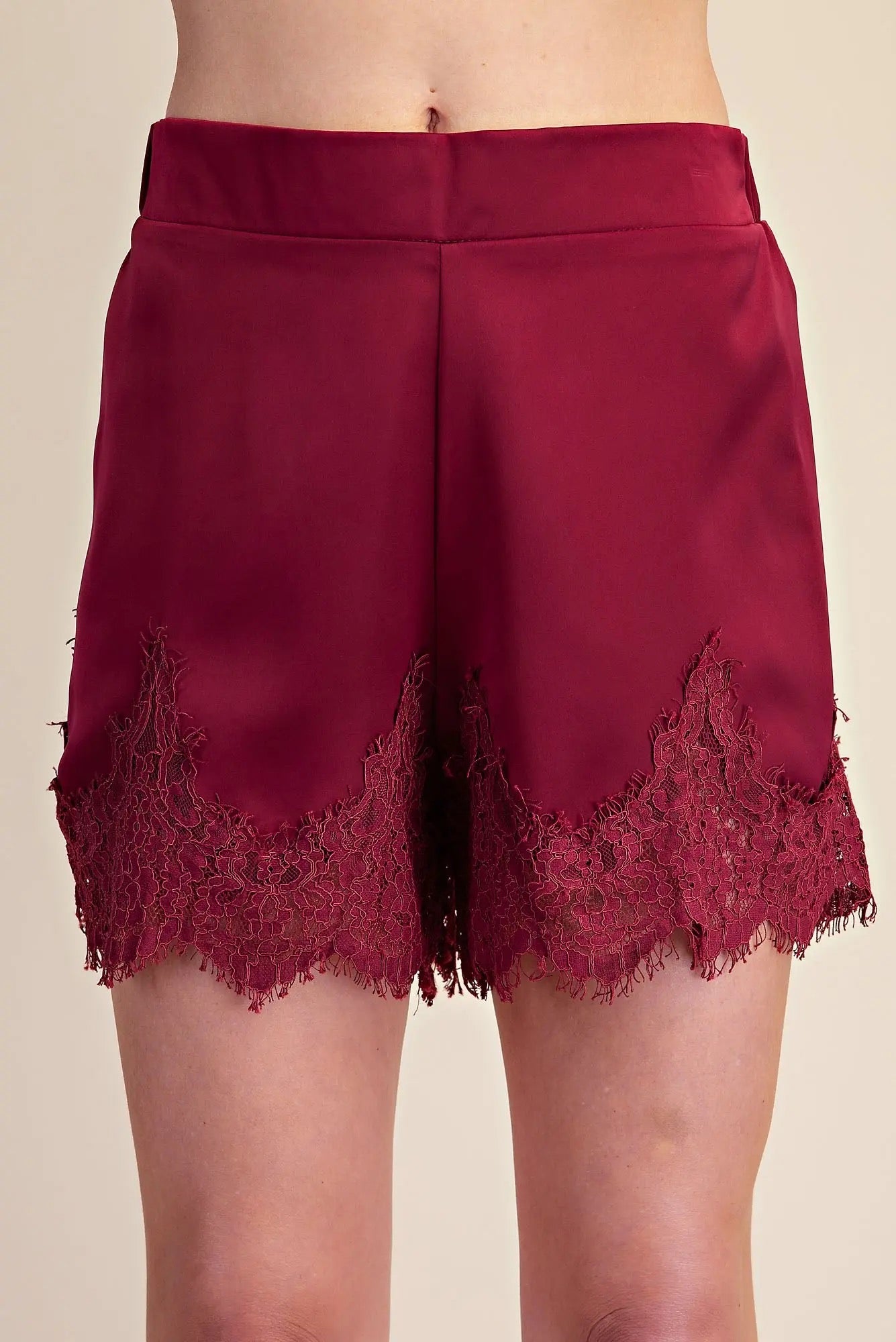 Satin Short With Lace Trim Detail - Burgandy