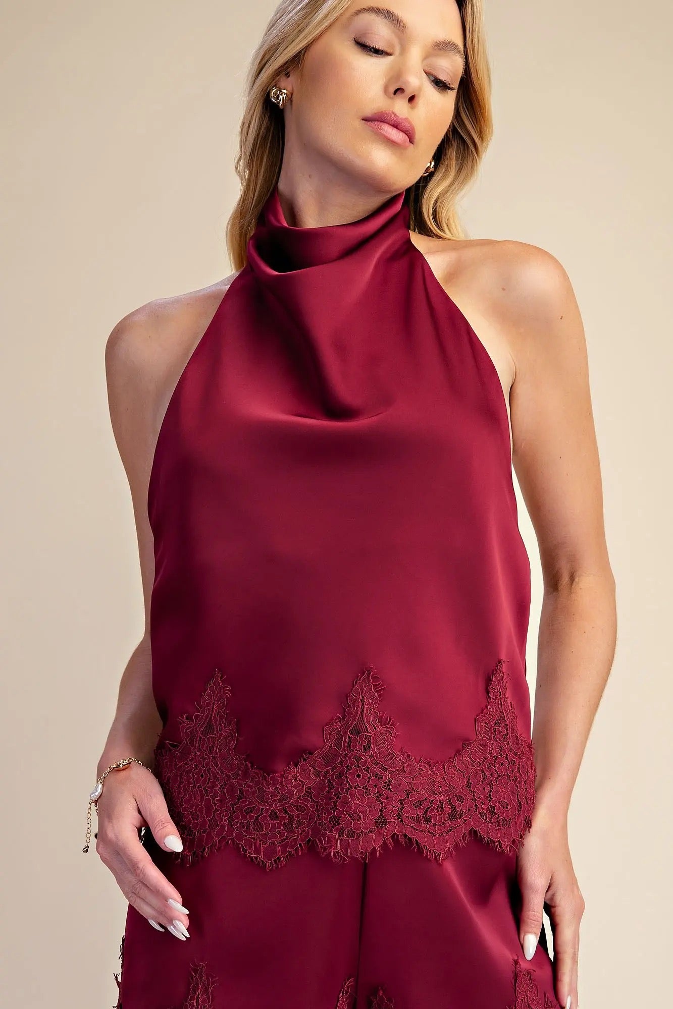Halter Neck Lace Trim Satin Top - Burgandy