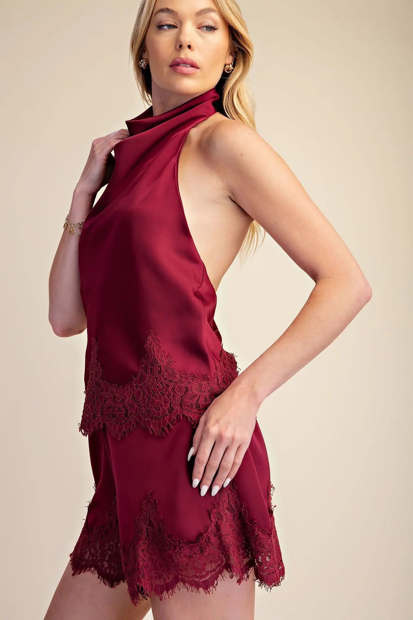 Halter Neck Lace Trim Satin Top - Burgandy