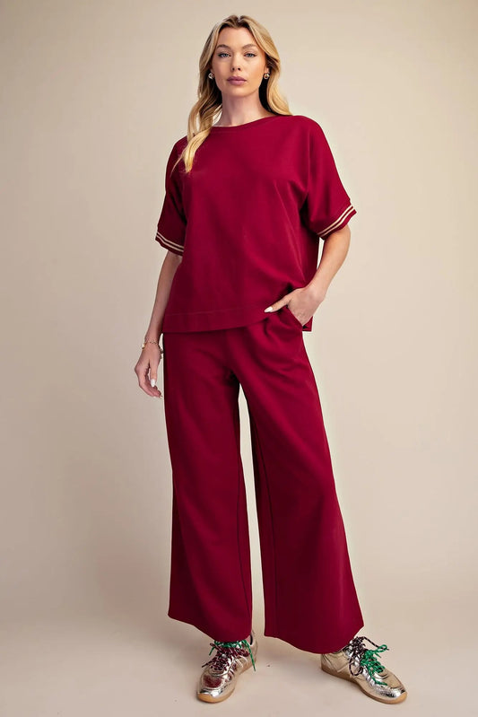 Burgundy Wide Leg Everyday Sweatpants with Gold Trim
