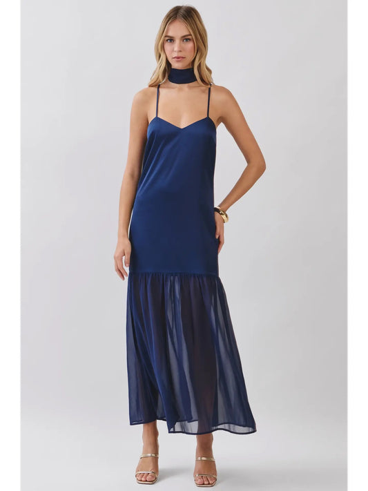 Navy Satin Maxi Dress With Scarf