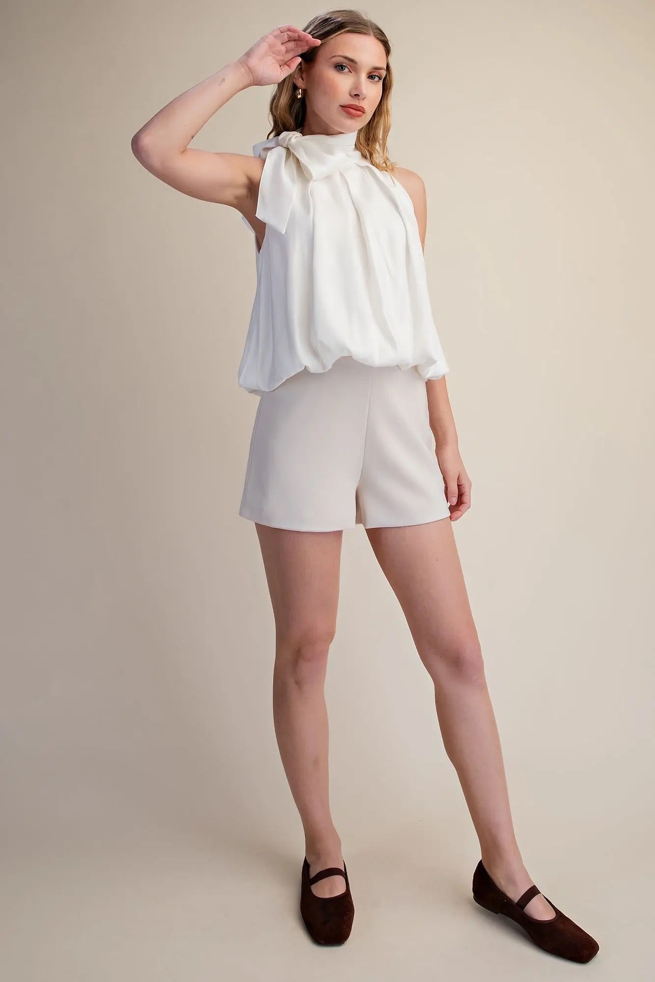 White High Neck Tie Wrap Balloon Sleeveless Top