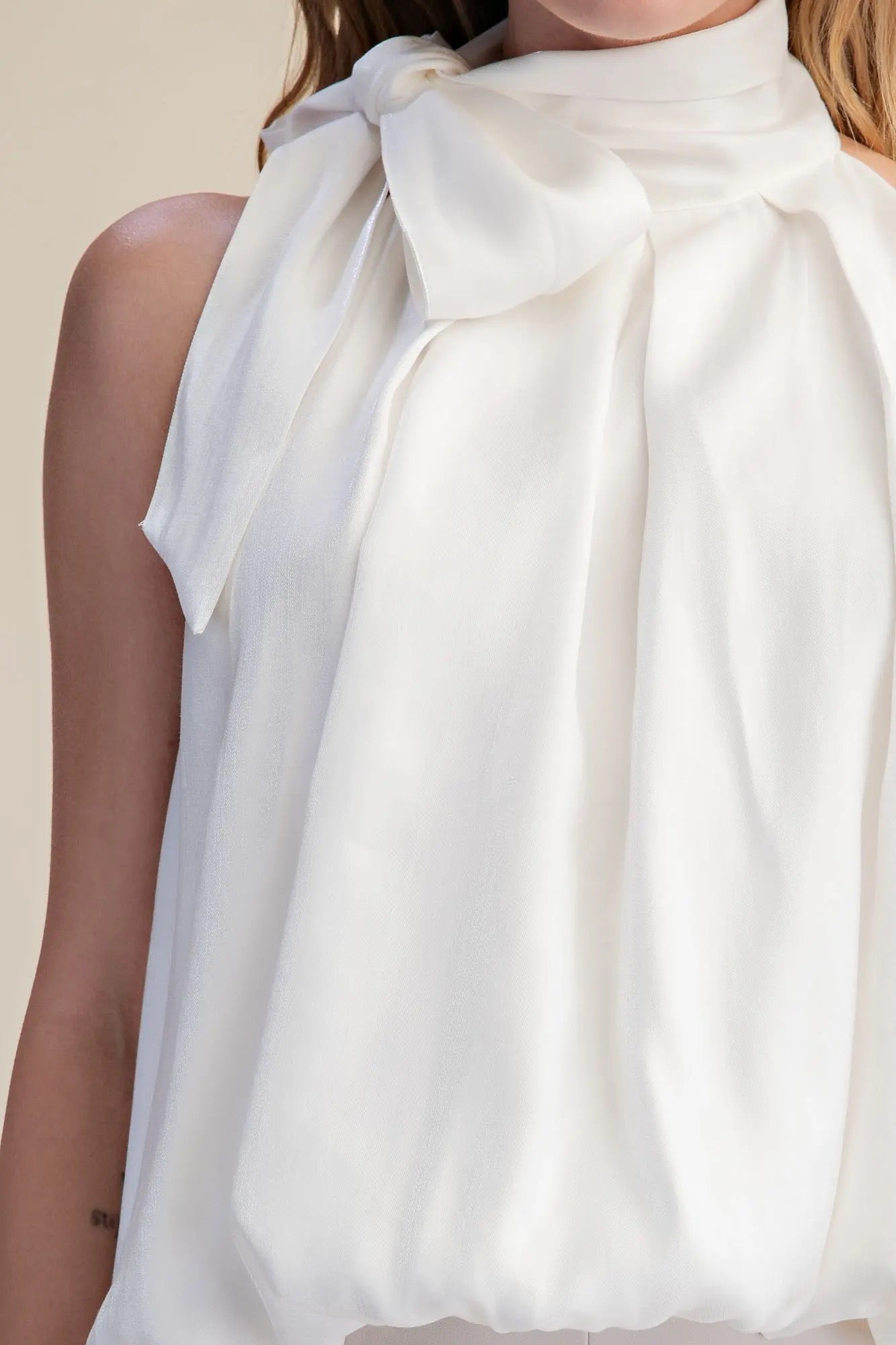 White High Neck Tie Wrap Balloon Sleeveless Top
