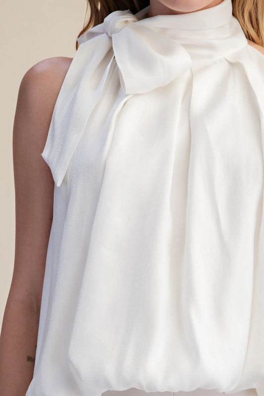 White High Neck Tie Wrap Balloon Sleeveless Top