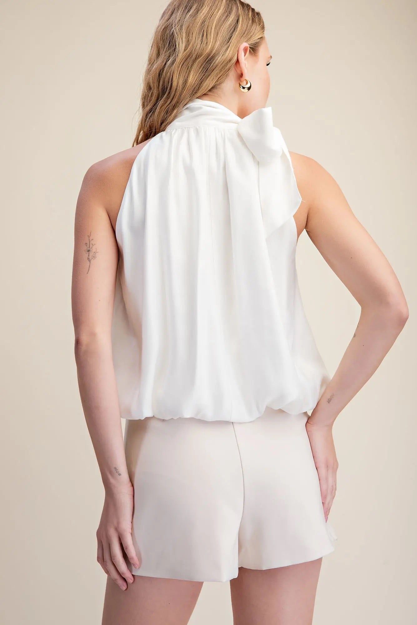 White High Neck Tie Wrap Balloon Sleeveless Top