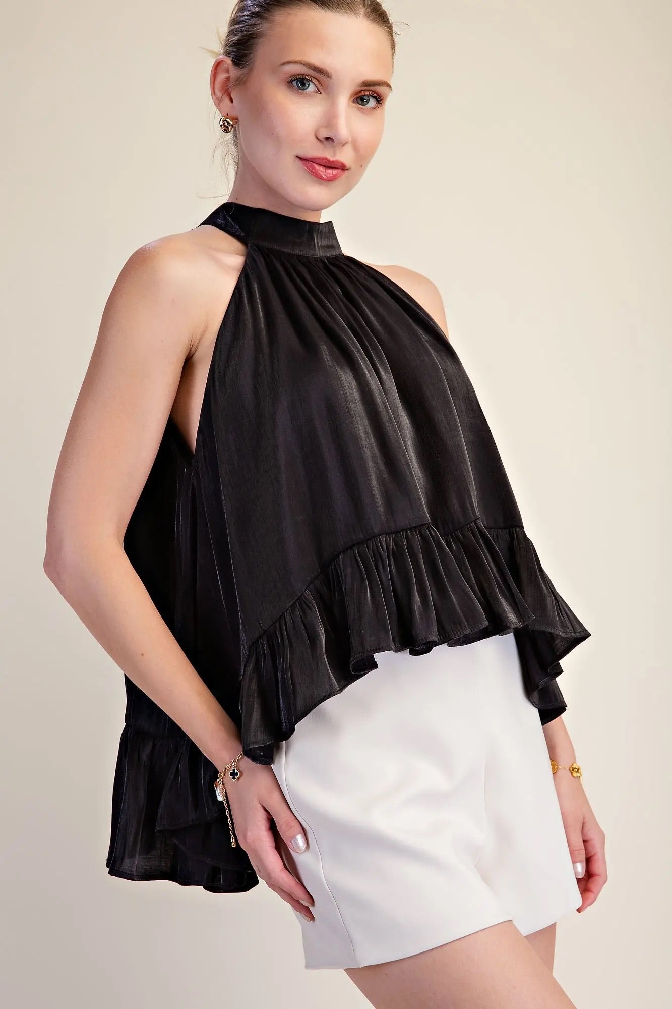 Black Ruffle Halter Top With Back Neck Tie