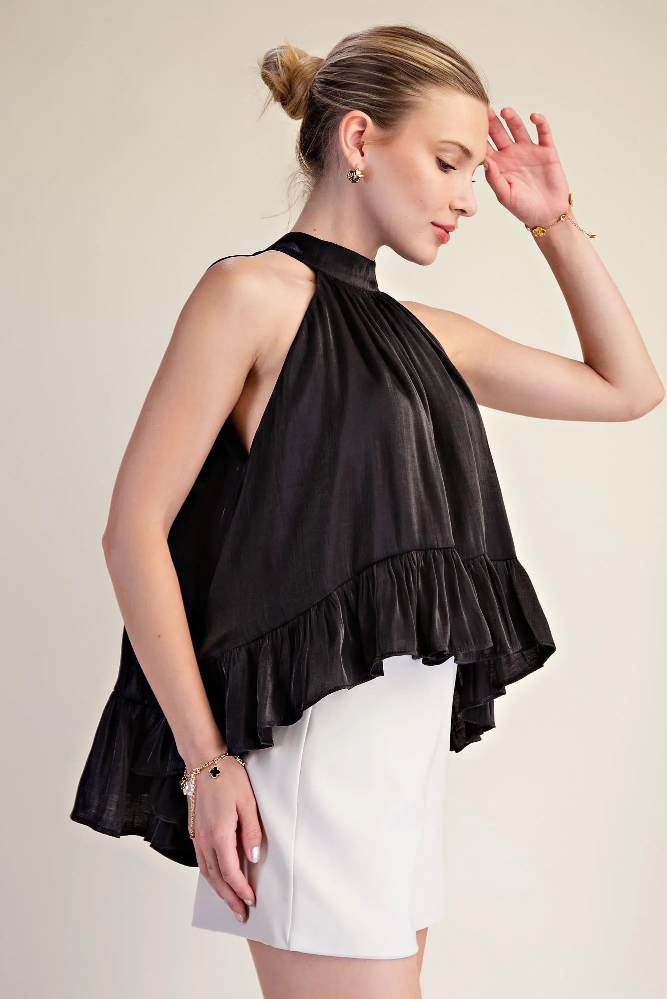 Black Ruffle Halter Top With Back Neck Tie
