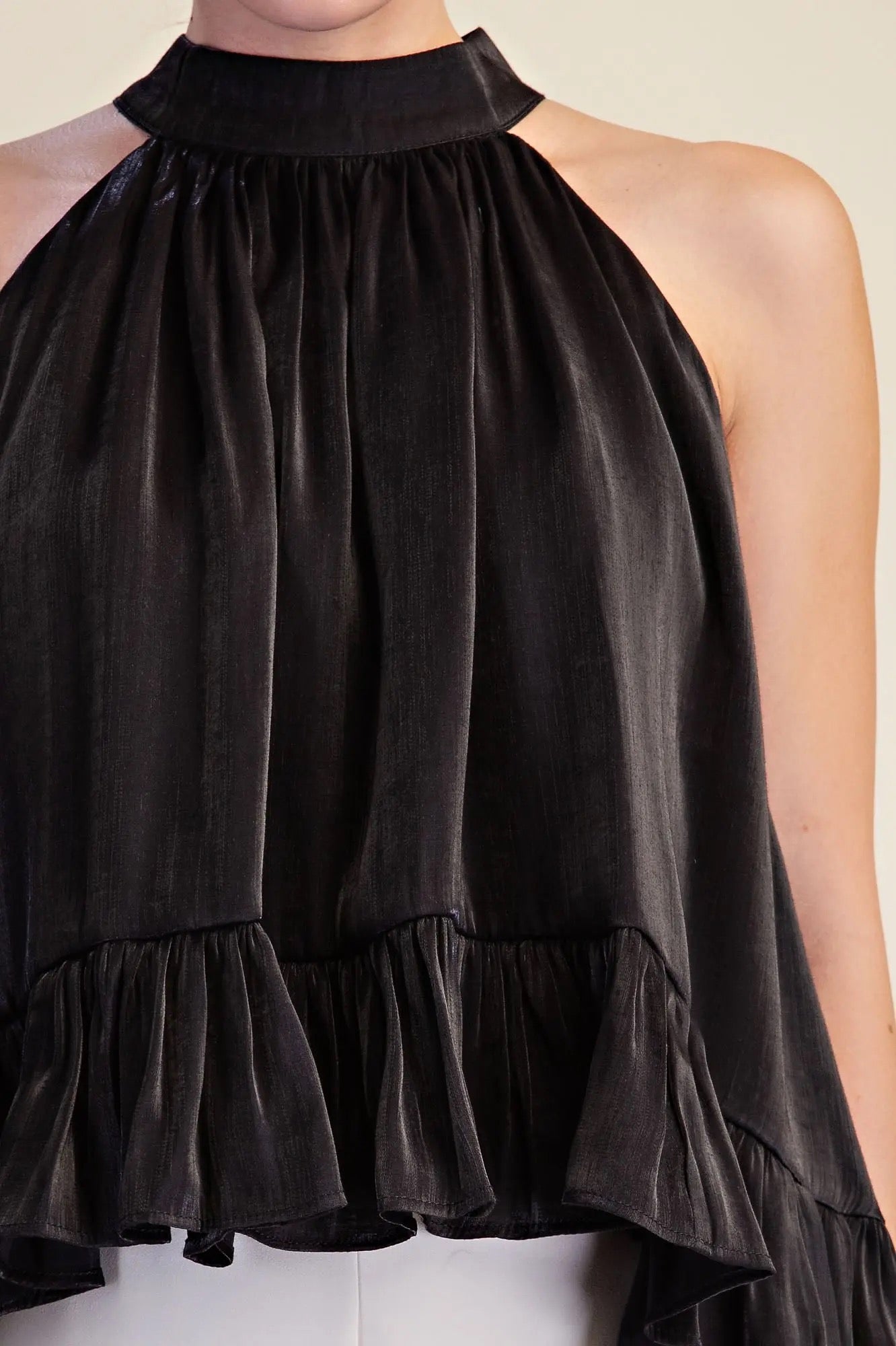 Black Ruffle Halter Top With Back Neck Tie