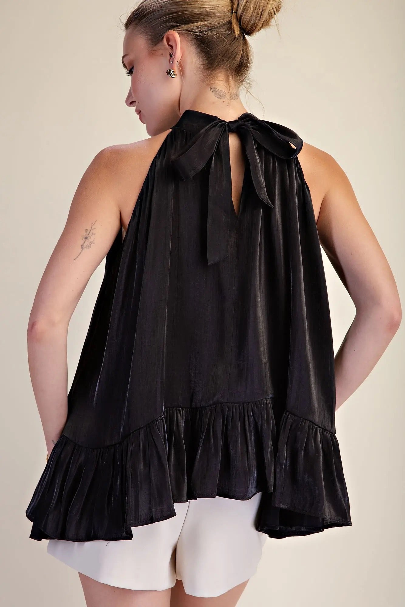 Black Ruffle Halter Top With Back Neck Tie