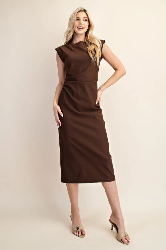 Shoulder Pad Sleeveless Midi Dress - Brown