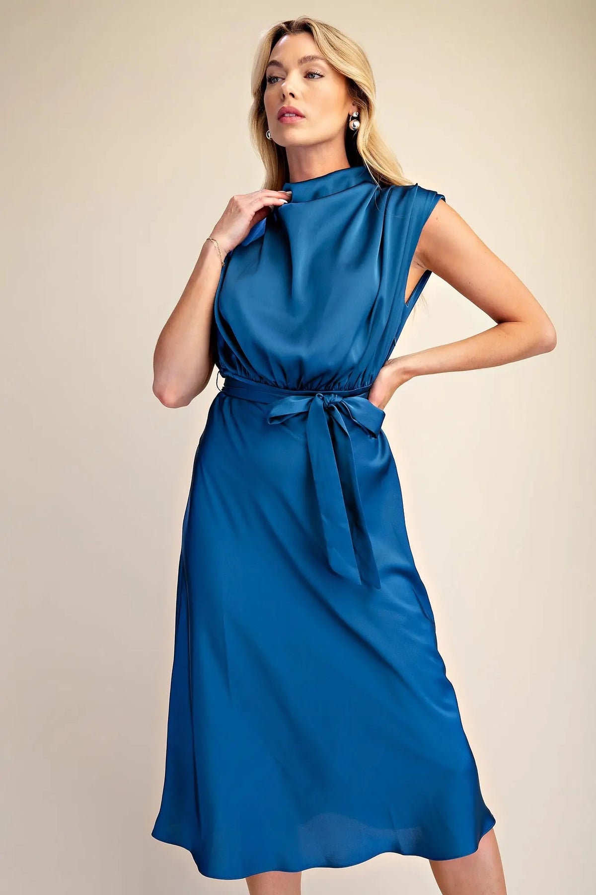 Satin Cowl Neck Midi Dress - Blue