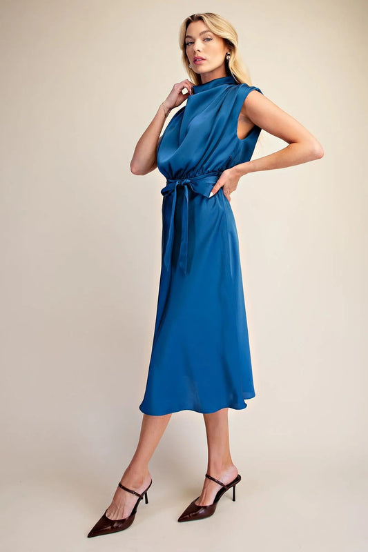 Satin Cowl Neck Midi Dress - Blue