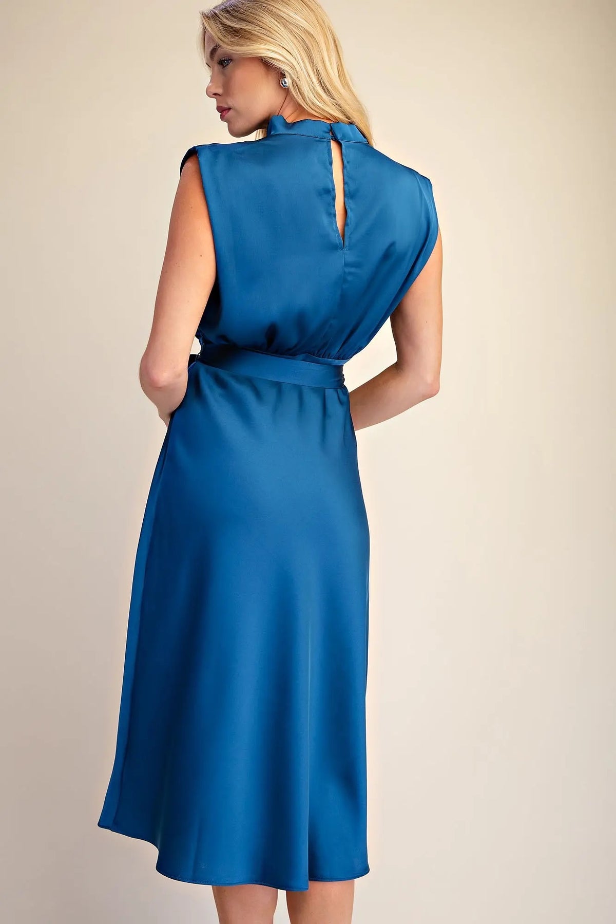 Satin Cowl Neck Midi Dress - Blue
