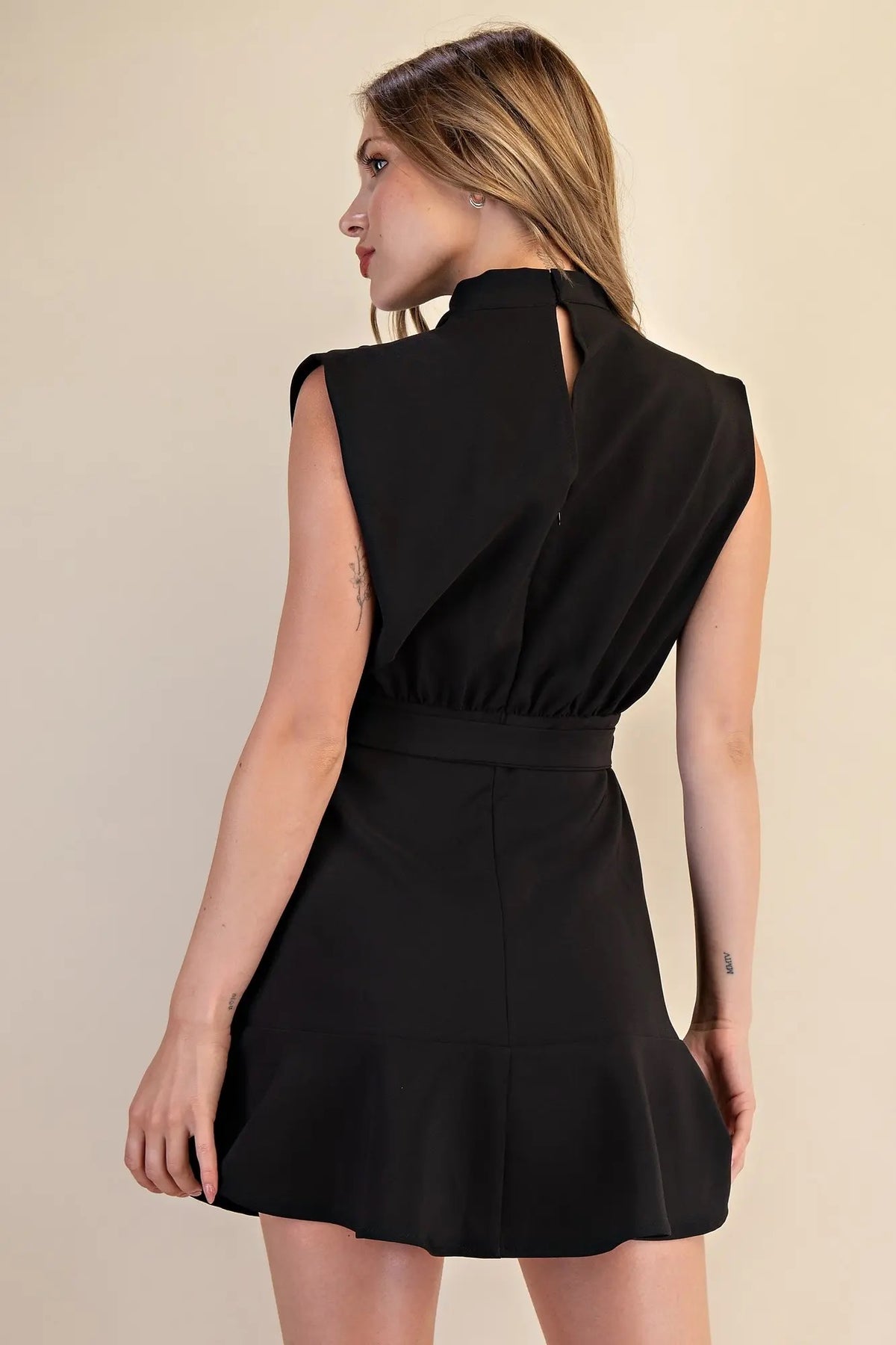 Black Cowl Neck Sleeveless Waist Tie Mini Dress