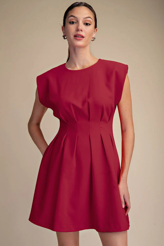 Round Neck Pleated Waist Mini Dress - Burgandy
