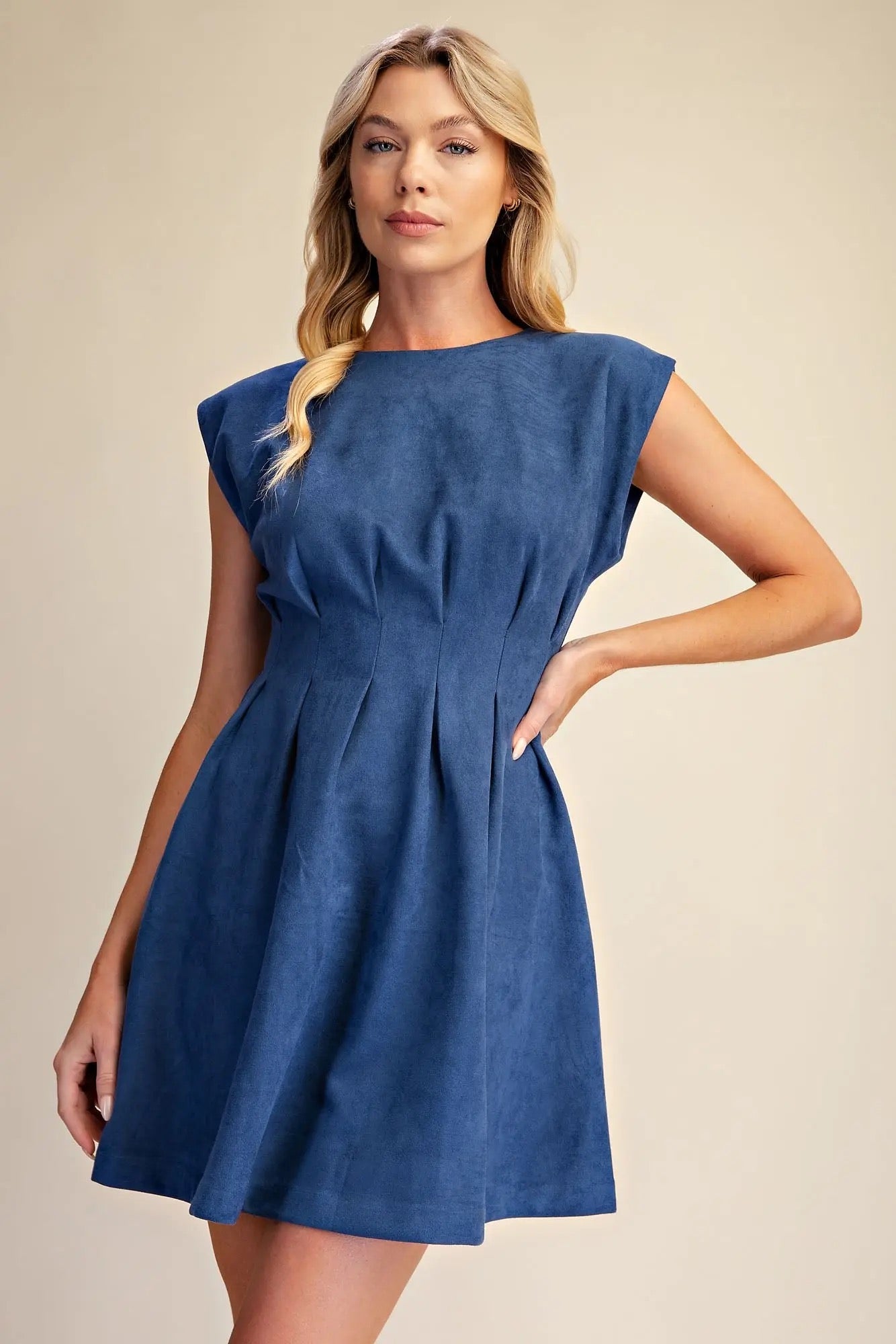 Round Neck Pleated Waist Suede Mini Dress - Blue