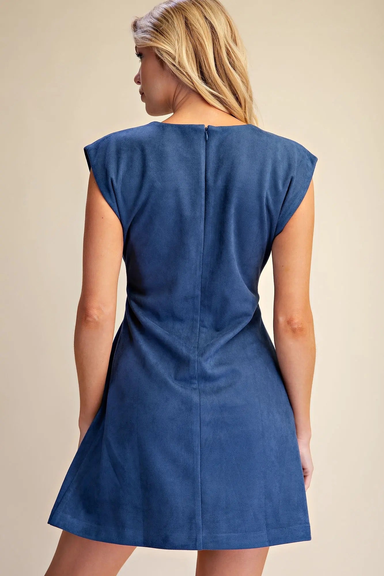 Round Neck Pleated Waist Suede Mini Dress - Blue