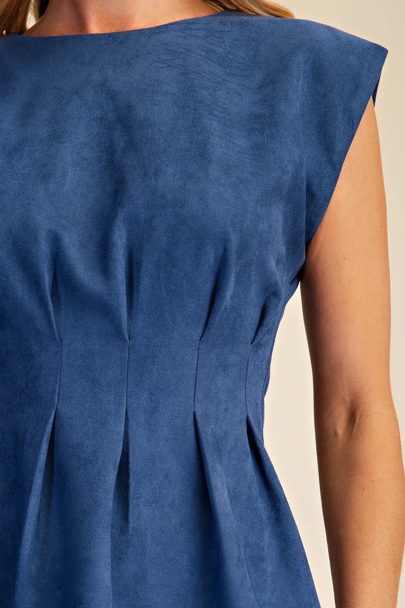 Round Neck Pleated Waist Suede Mini Dress - Blue