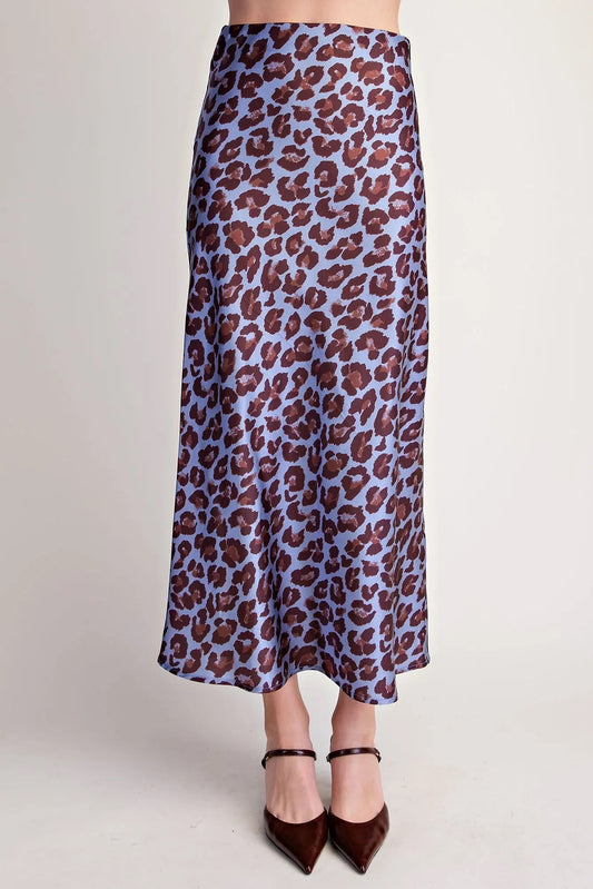 Satin Animal Print Skirt - Dusty Blue