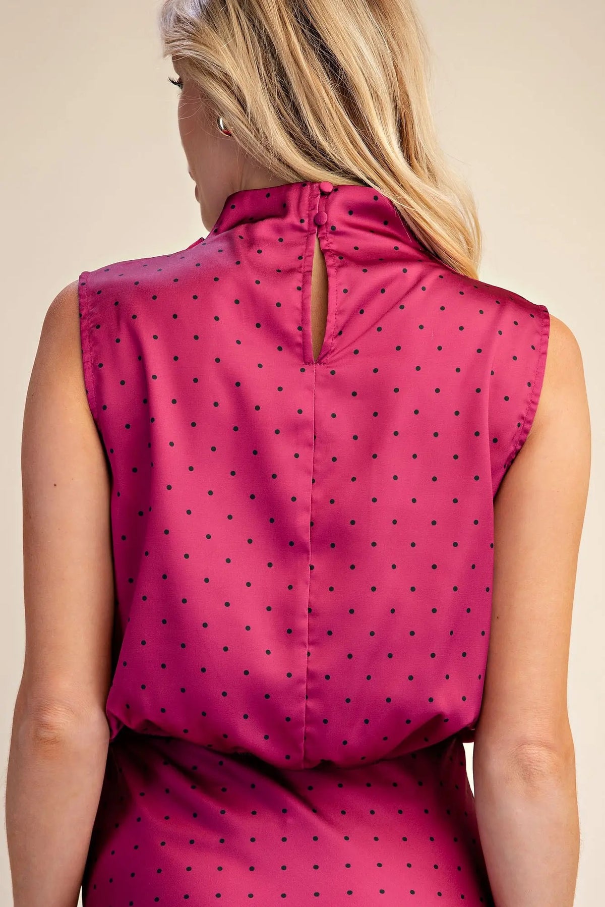 Magenta Mock Neck Satin Polka Dot Top