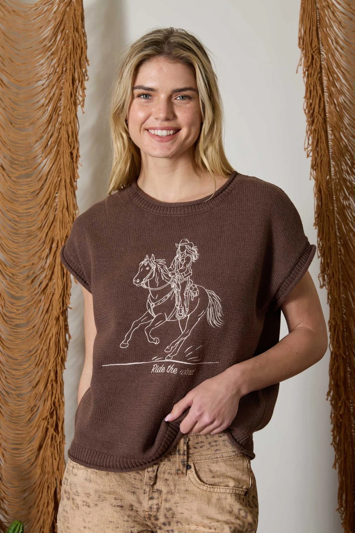 Western Embroidered Knit Sweater Top