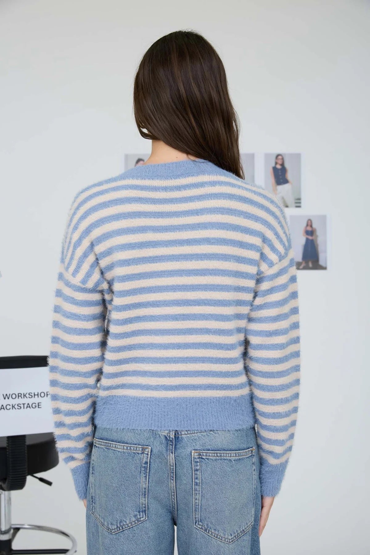 Stripe Round Neck Button Down Fuzzy Knit Cardigan