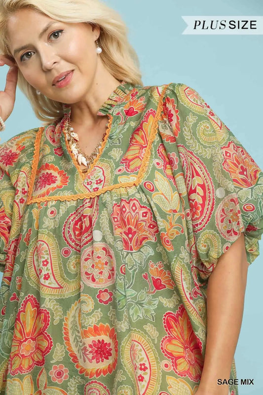 Sage Paisley Ruffled Top With Trim Details