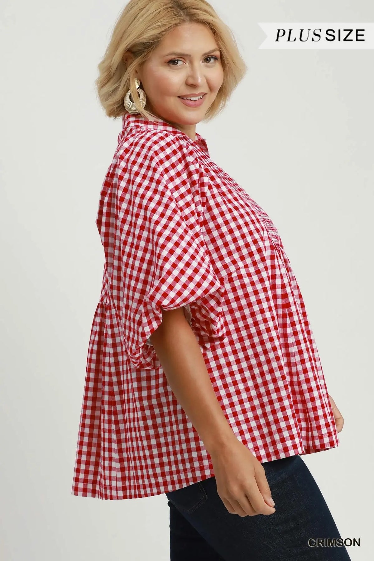 Gingham Smocked Front Top With Bubble Sleeve