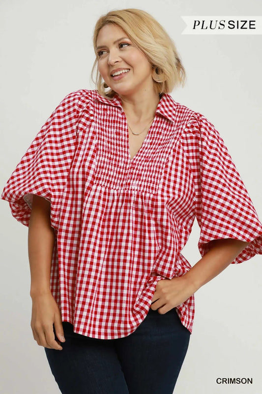 Gingham Smocked Front Top With Bubble Sleeve