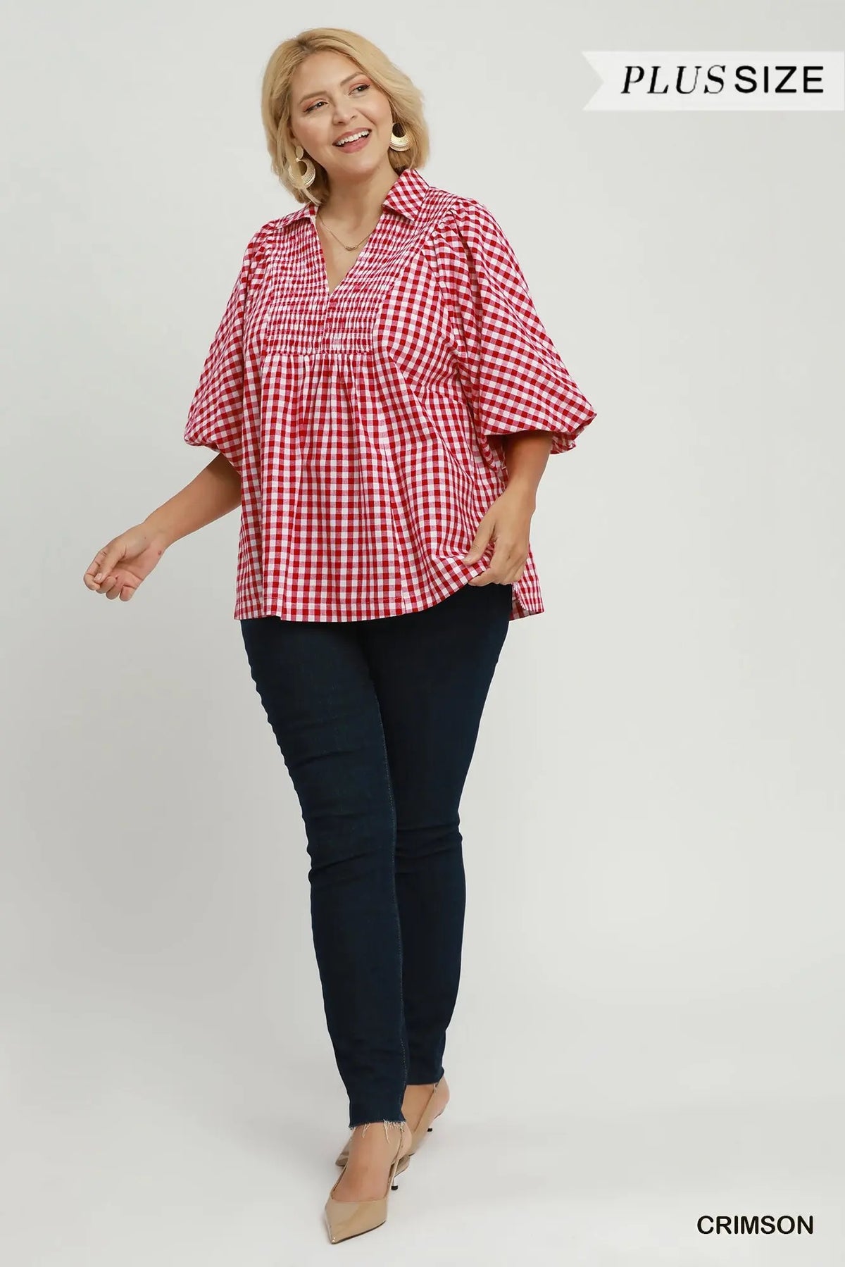 Gingham Smocked Front Top With Bubble Sleeve