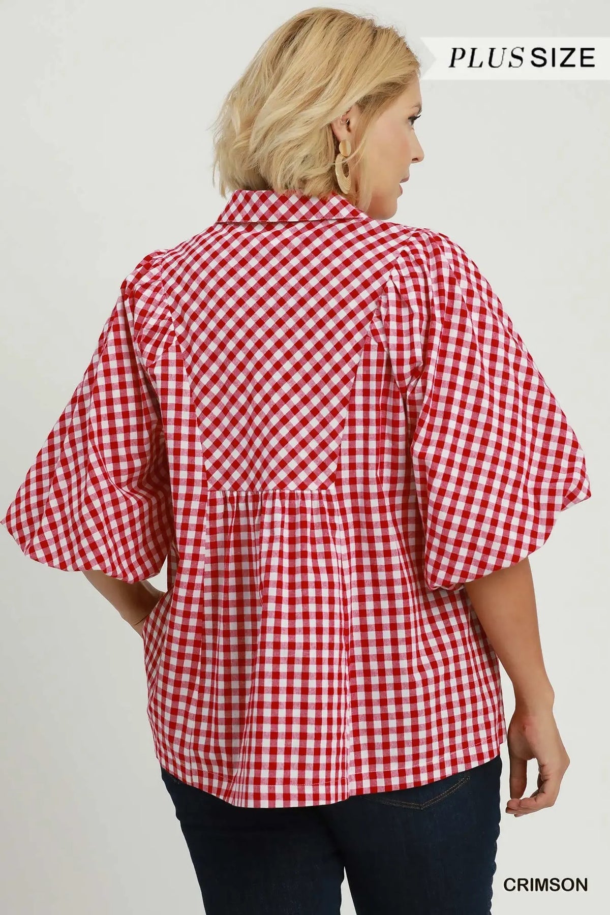 Gingham Smocked Front Top With Bubble Sleeve