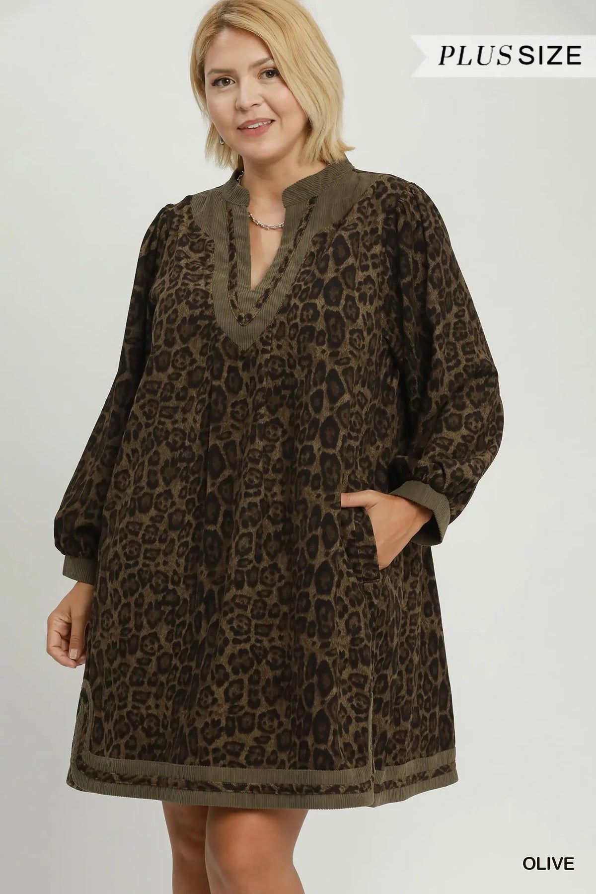 Leopard Print Contrast Trim Puff Sleeve Tunic Dress