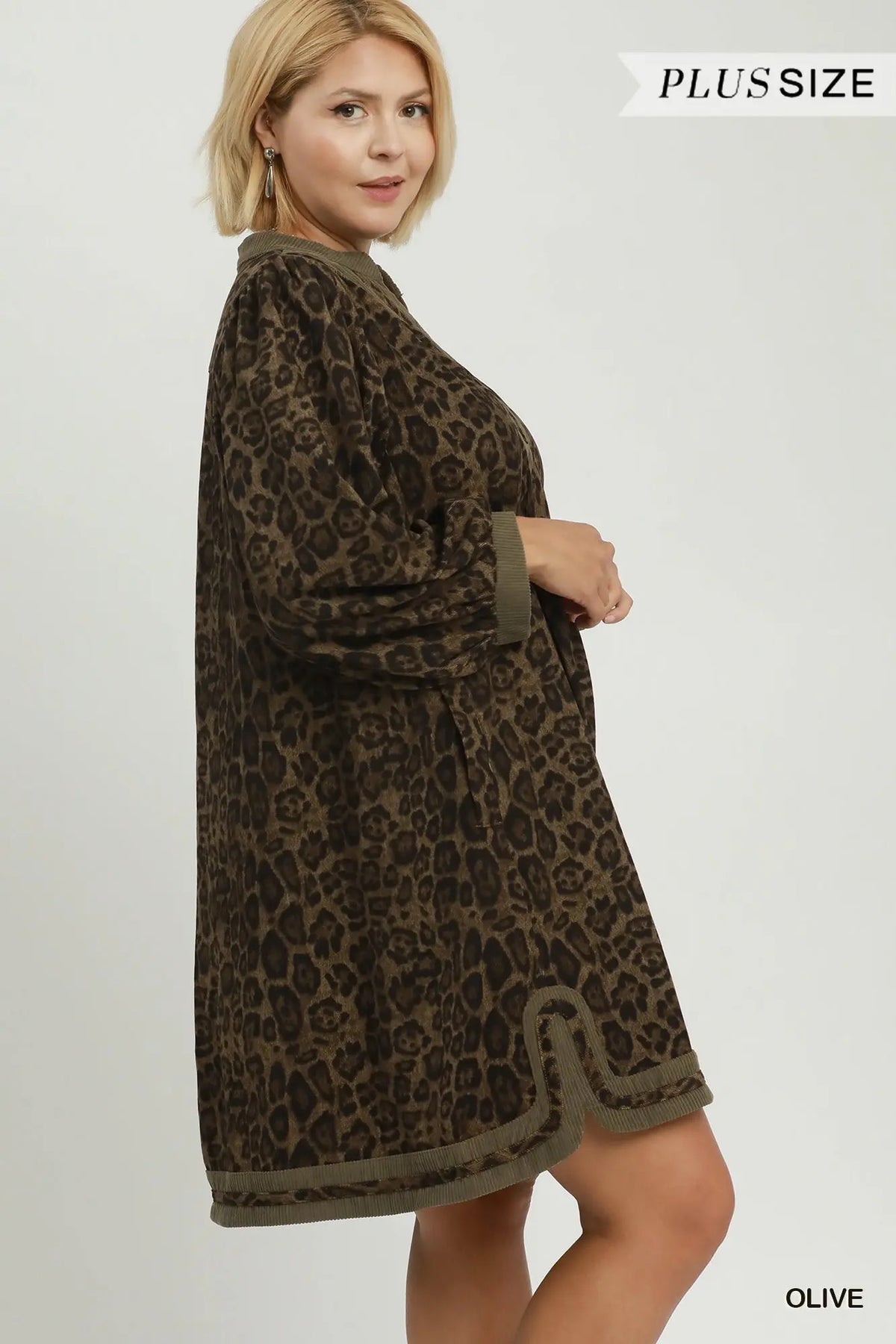 Leopard Print Contrast Trim Puff Sleeve Tunic Dress