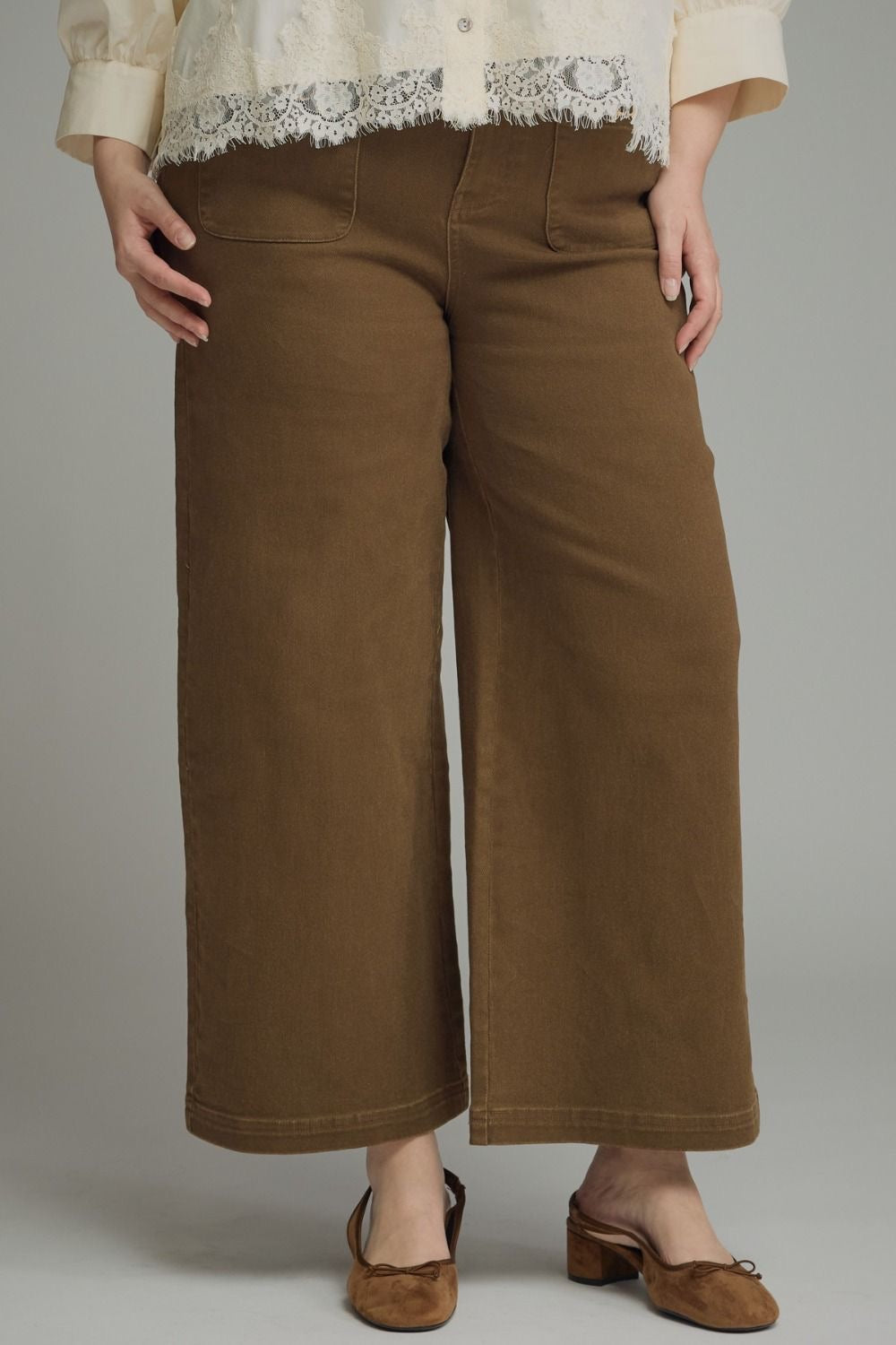 Solid Wide Leg Pants With Horsebit Pocket Entro - Brown