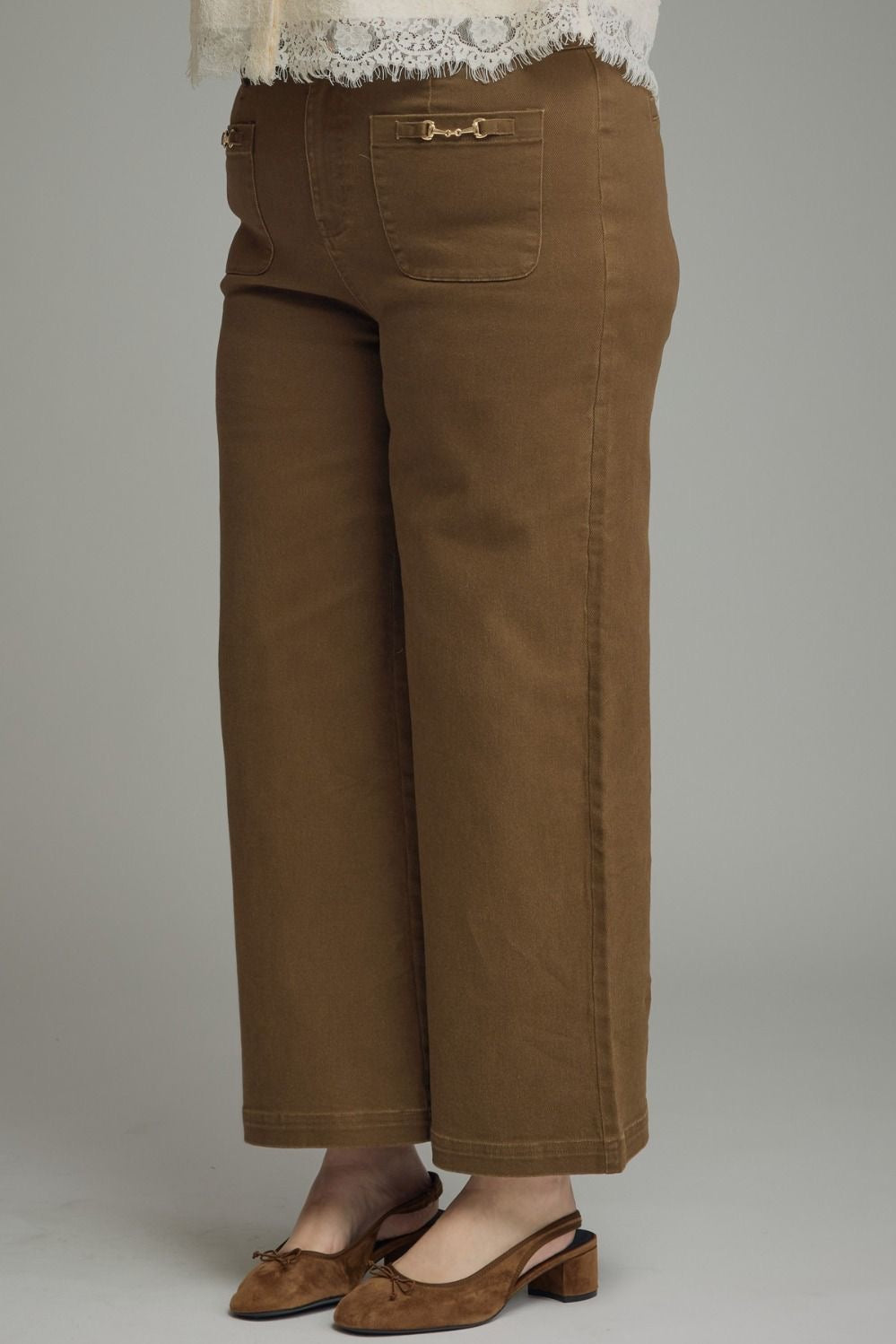 Solid Wide Leg Pants With Horsebit Pocket Entro - Brown