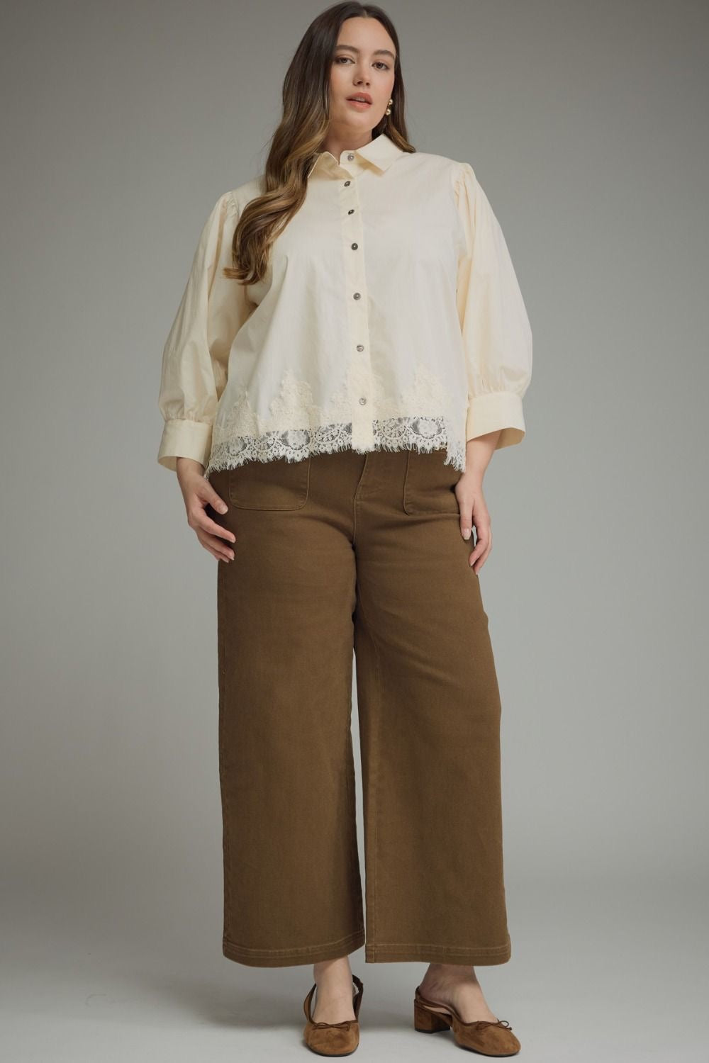 Solid Wide Leg Pants With Horsebit Pocket Entro - Brown