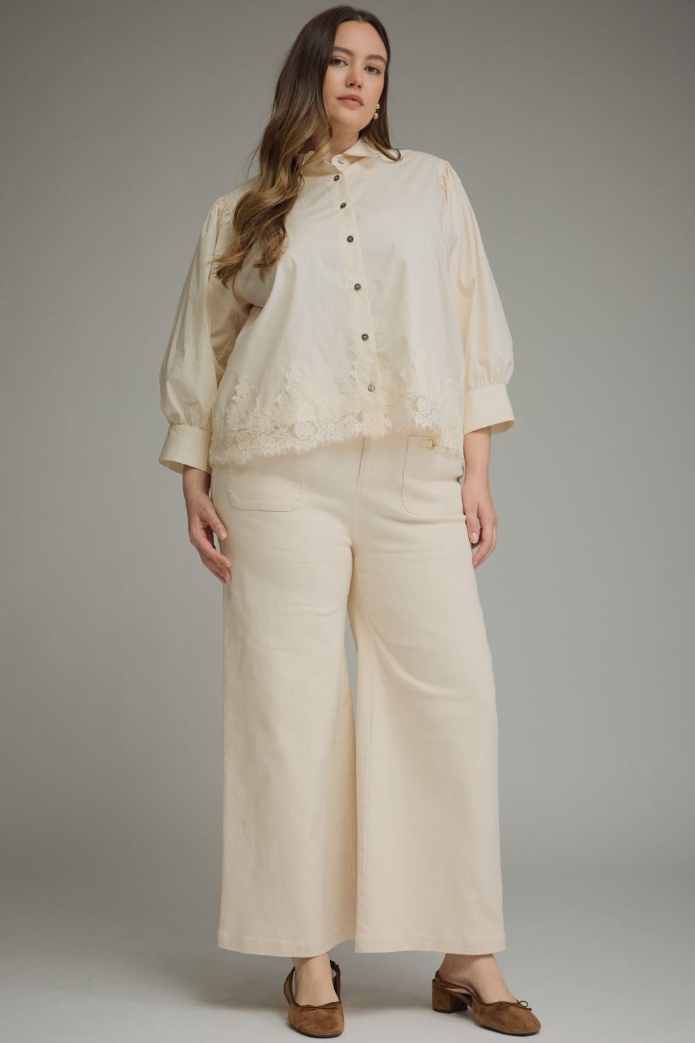 Solid Wide Leg Pants With Horsebit Pocket Entro - Ecru