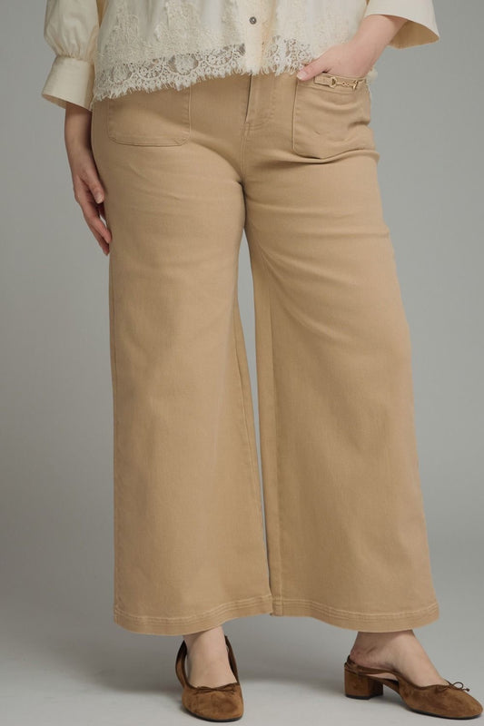 Solid Wide Leg Pants With Horsebit Pocket Entro - Camel