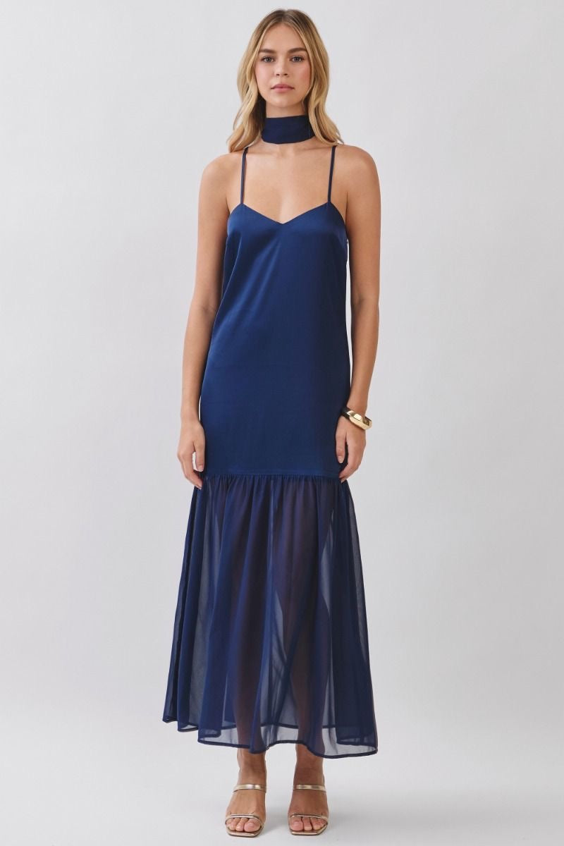 Navy Satin Maxi Dress With Scarf