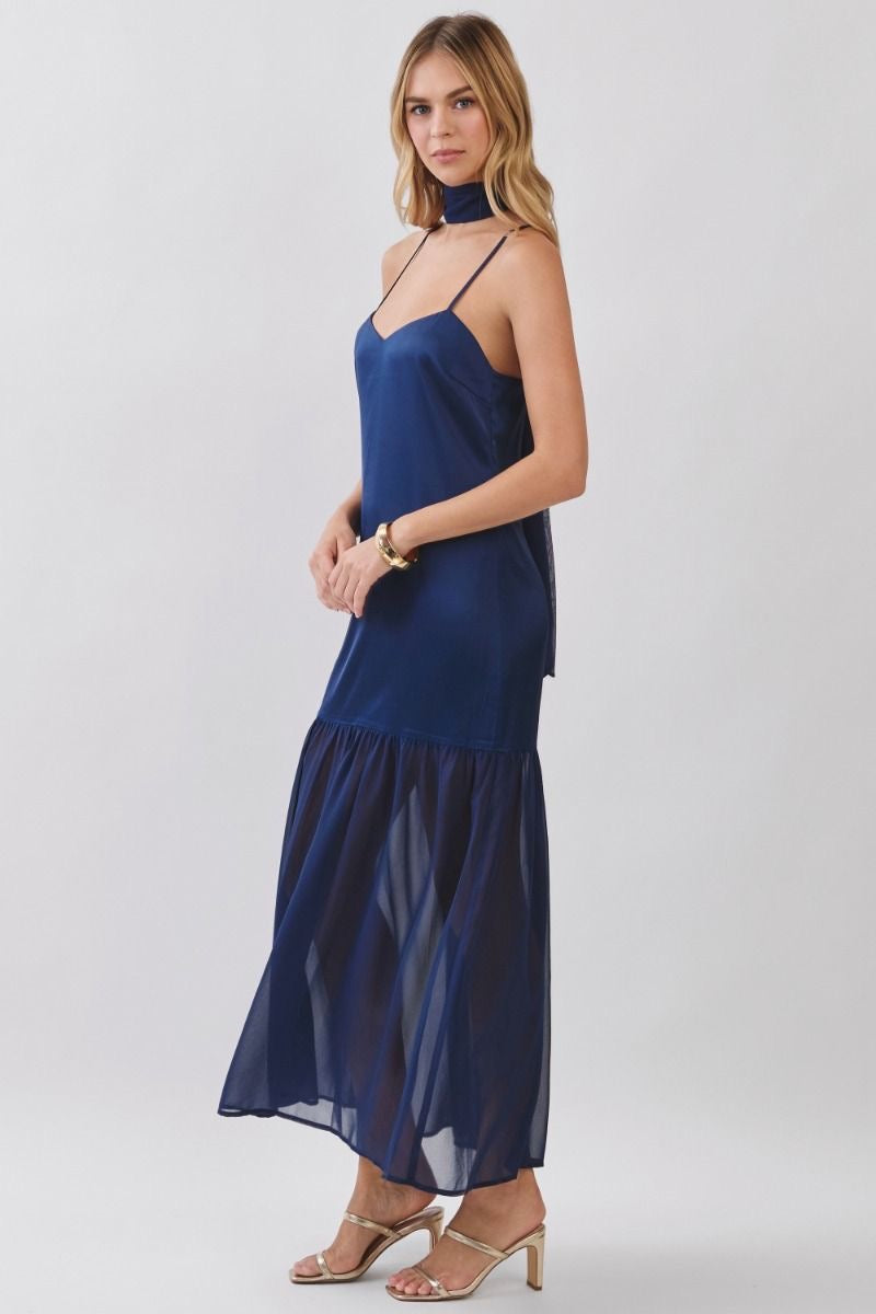 Navy Satin Maxi Dress With Scarf