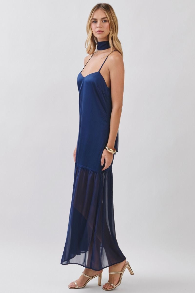 Navy Satin Maxi Dress With Scarf