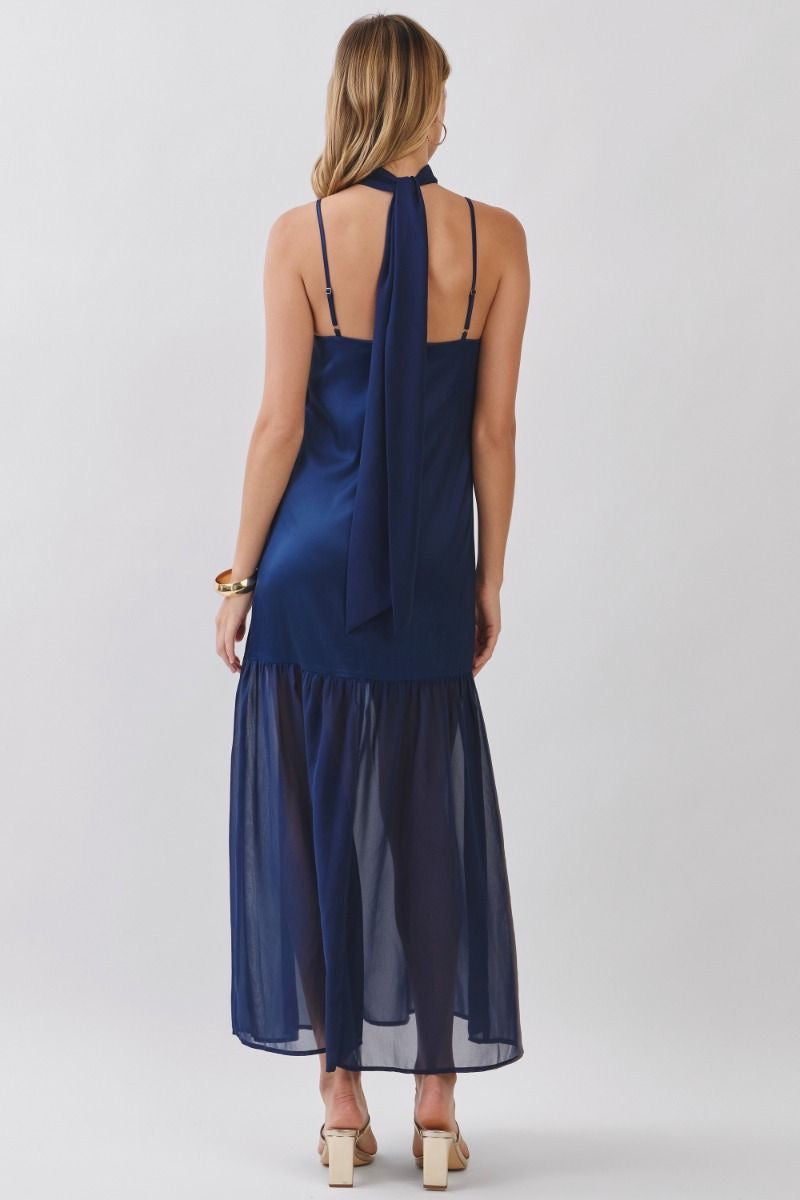 Navy Satin Maxi Dress With Scarf