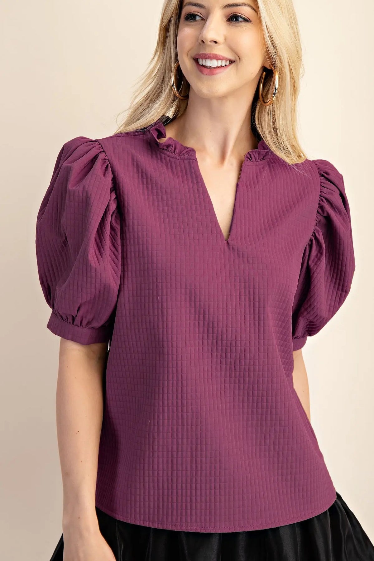 Puff Sleeve Ruffle V-Neck Textured Top -PLUM