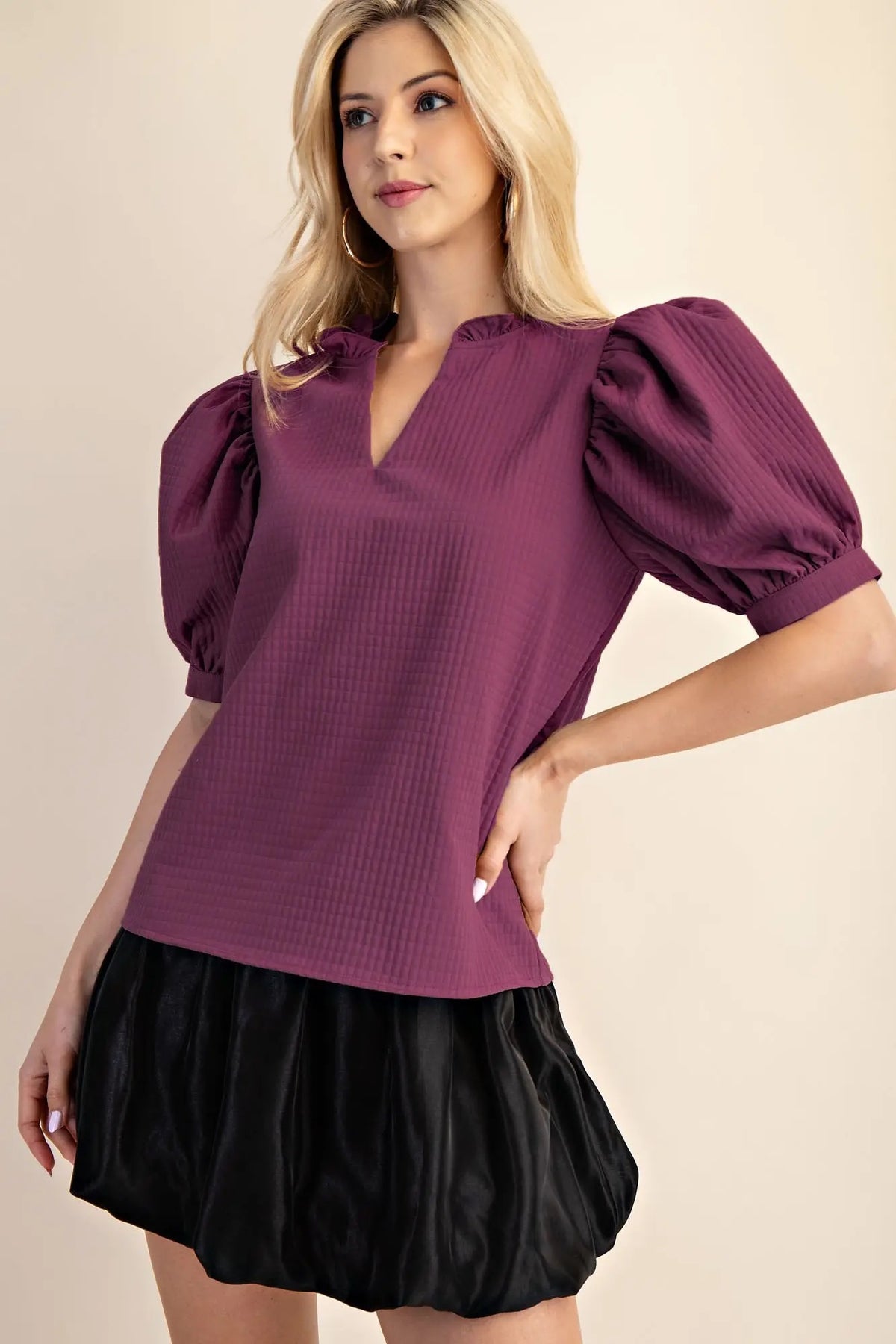 Puff Sleeve Ruffle V-Neck Textured Top -PLUM