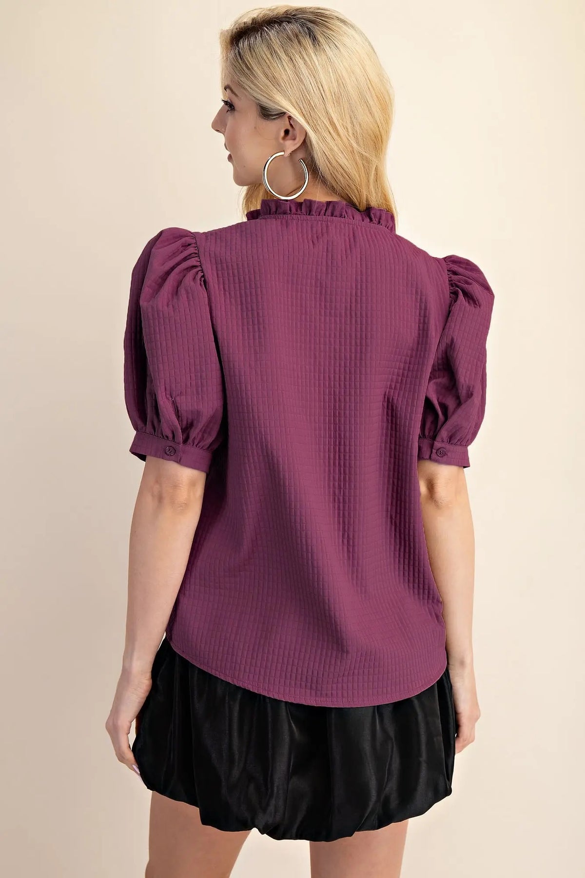 Puff Sleeve Ruffle V-Neck Textured Top -PLUM