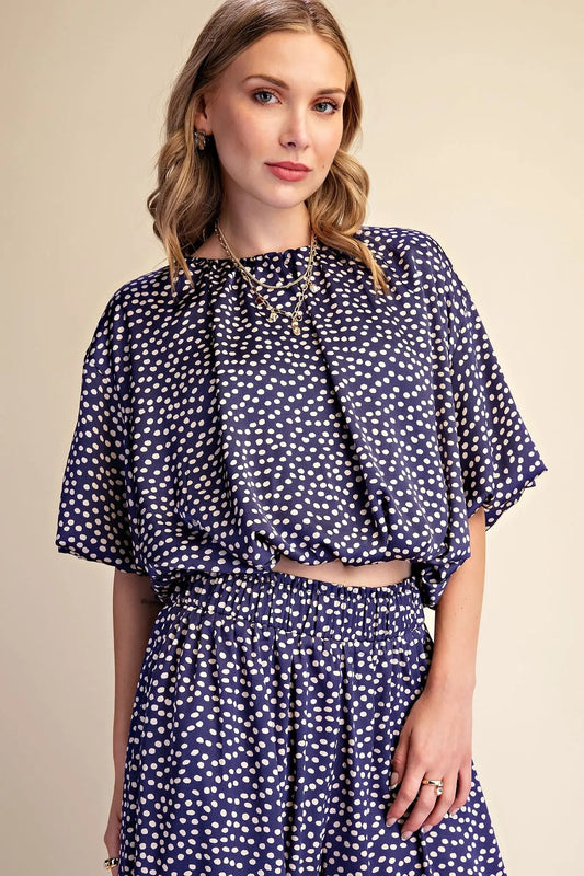Crop Top Round Neck Balloon Sleeve Bubble Hem -Navy