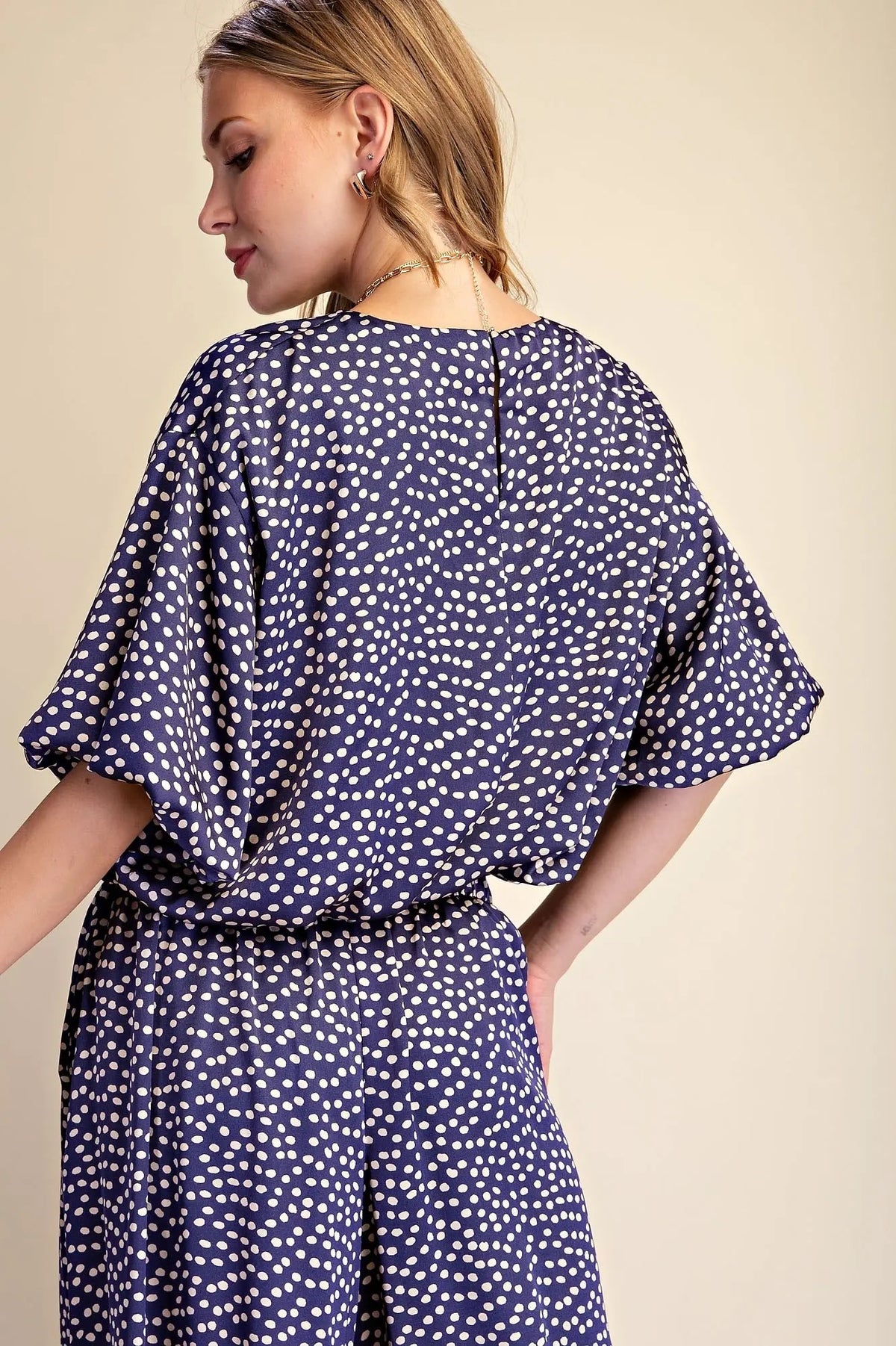 Crop Top Round Neck Balloon Sleeve Bubble Hem -Navy